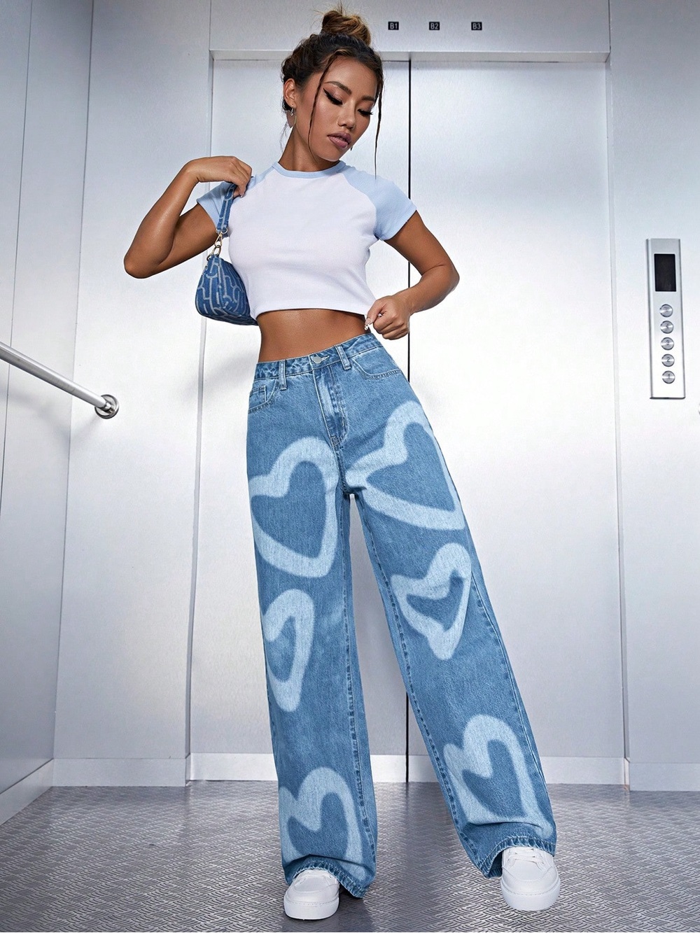 Wide Leg Blue Heart Print Jeans for Women